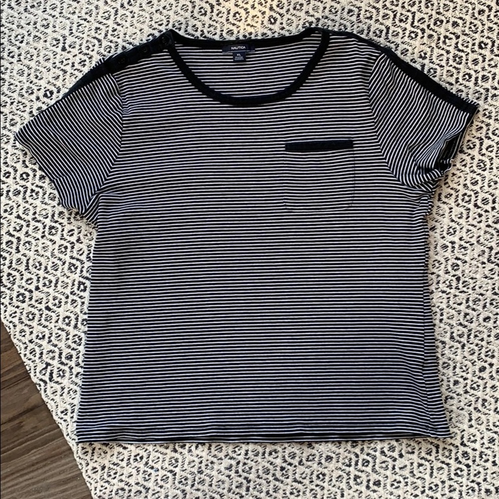 Nautica shirt black, white stripe w/ front pocket